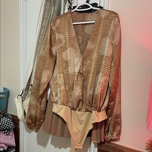 Elegant Tan Patterned Women's Bodysuit